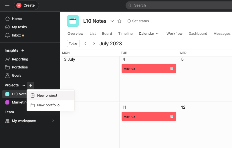 Add new project in Asana