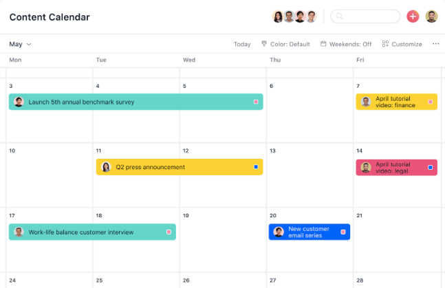 Plantilla de calendario de contenidos de Asana