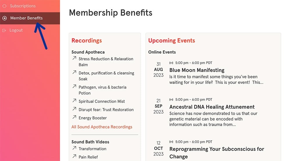 Member Benefits page on Aurras.com's member account page.
