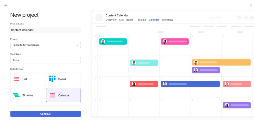 Choosing calendar view in Asana