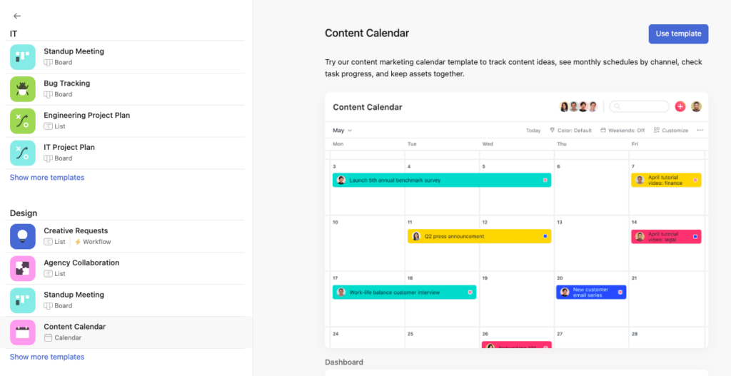 Escolha o modelo de calendário de conteúdo da Asana