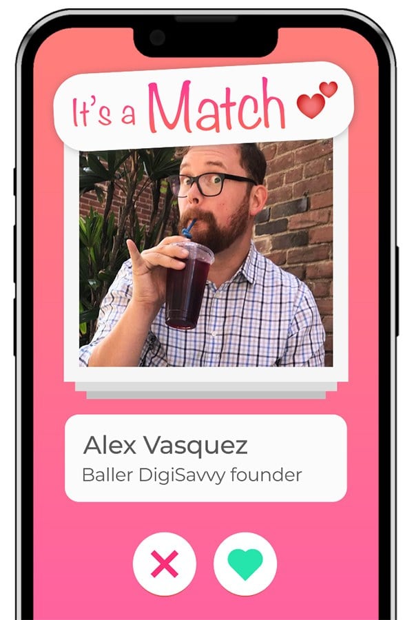 A mockup of Alex from DigiSavvy being matched with MemberPress on a dating app.