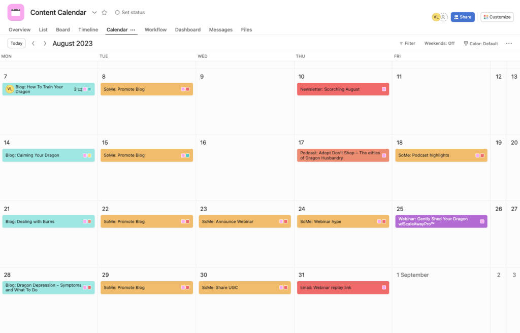 Exemplo de calendário de conteúdo na Asana