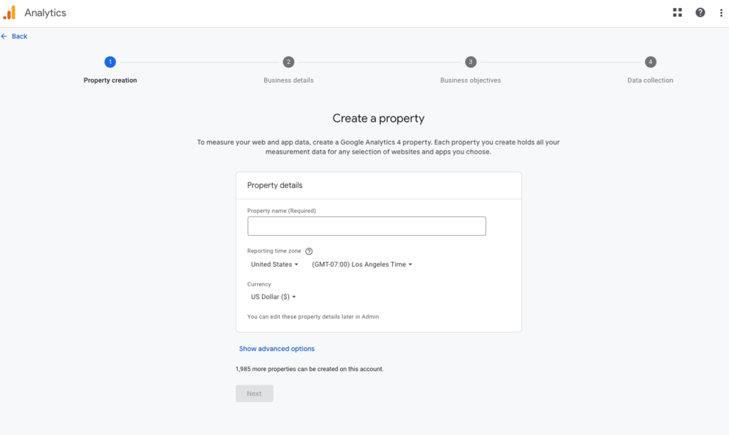 Add property details in Google Analytics.