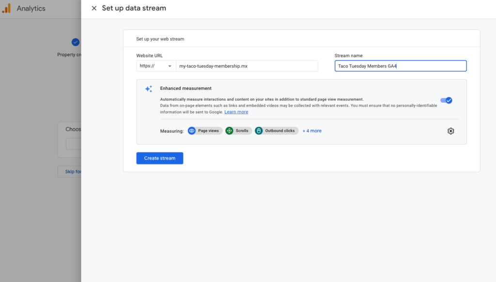 Configure el flujo de datos en Google Analytics.