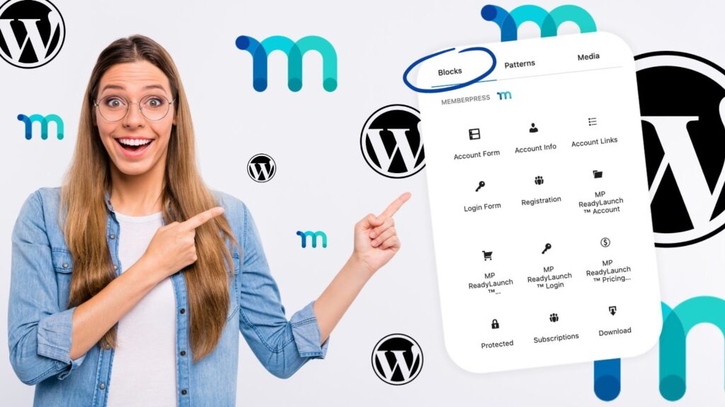 woman pointing at Gutenberg Membership Blocks for MemberPress