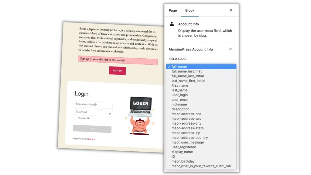 MemberPress Account Info and Login Blocks screenshots