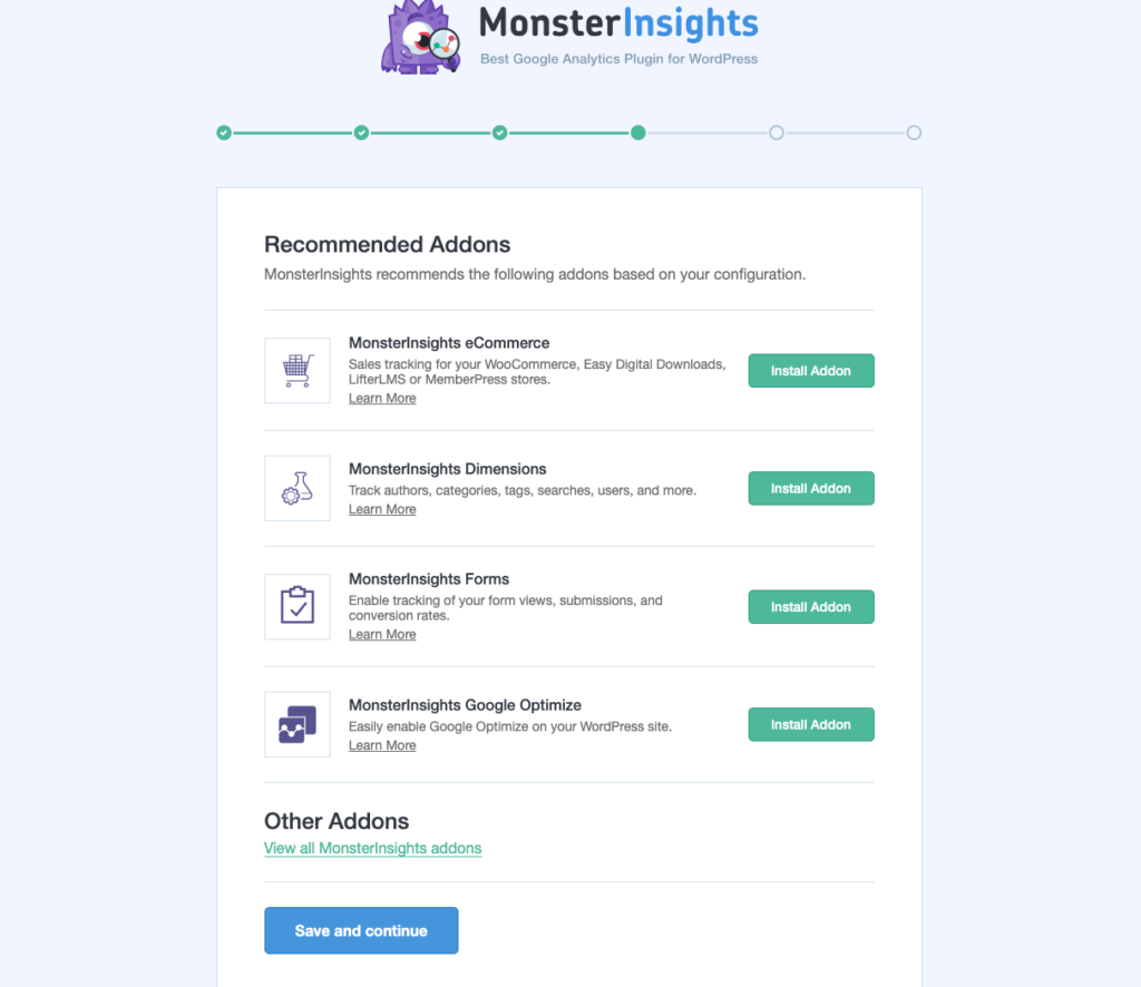 MonsterInsights recommended addons screen 