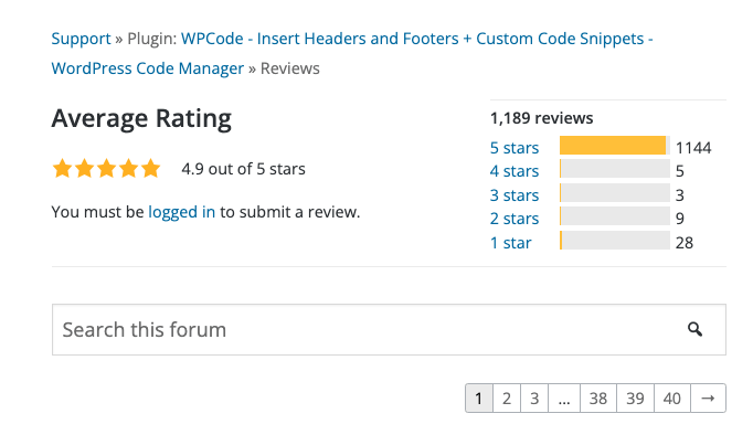 WPCode customer rating screenshot