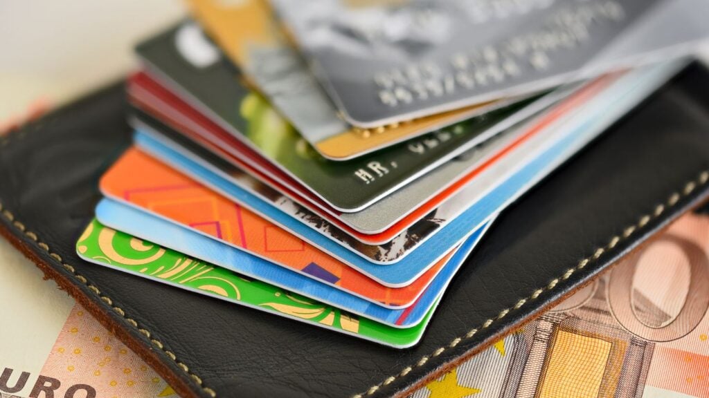 An assortment of credit cards in closeup
