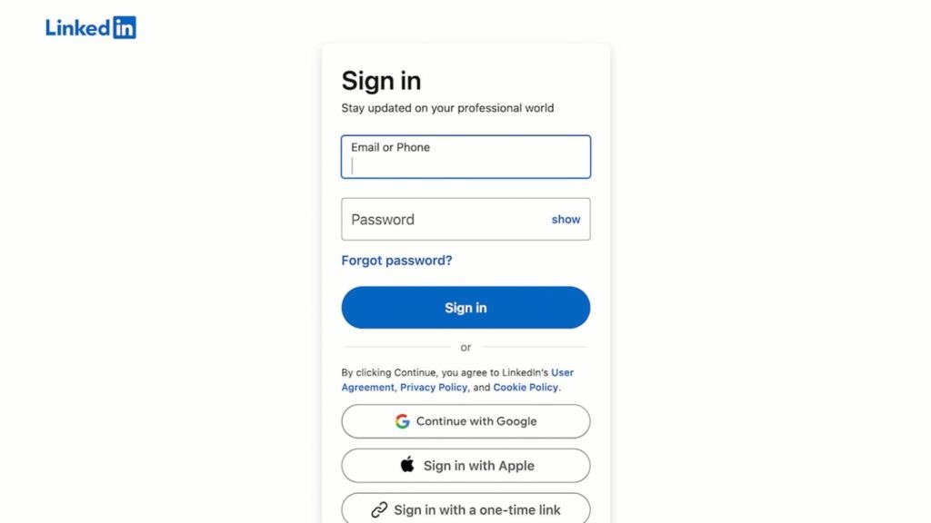 A screenshot of LinkedIn's log-in page