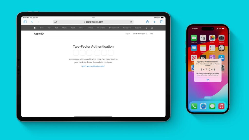 Two mobile devices showing two-factor authentication for Apple ID