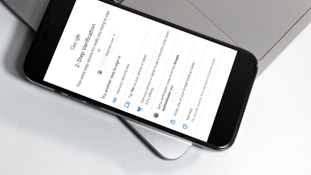 A mobile phone on Google's 2-Step Verification page