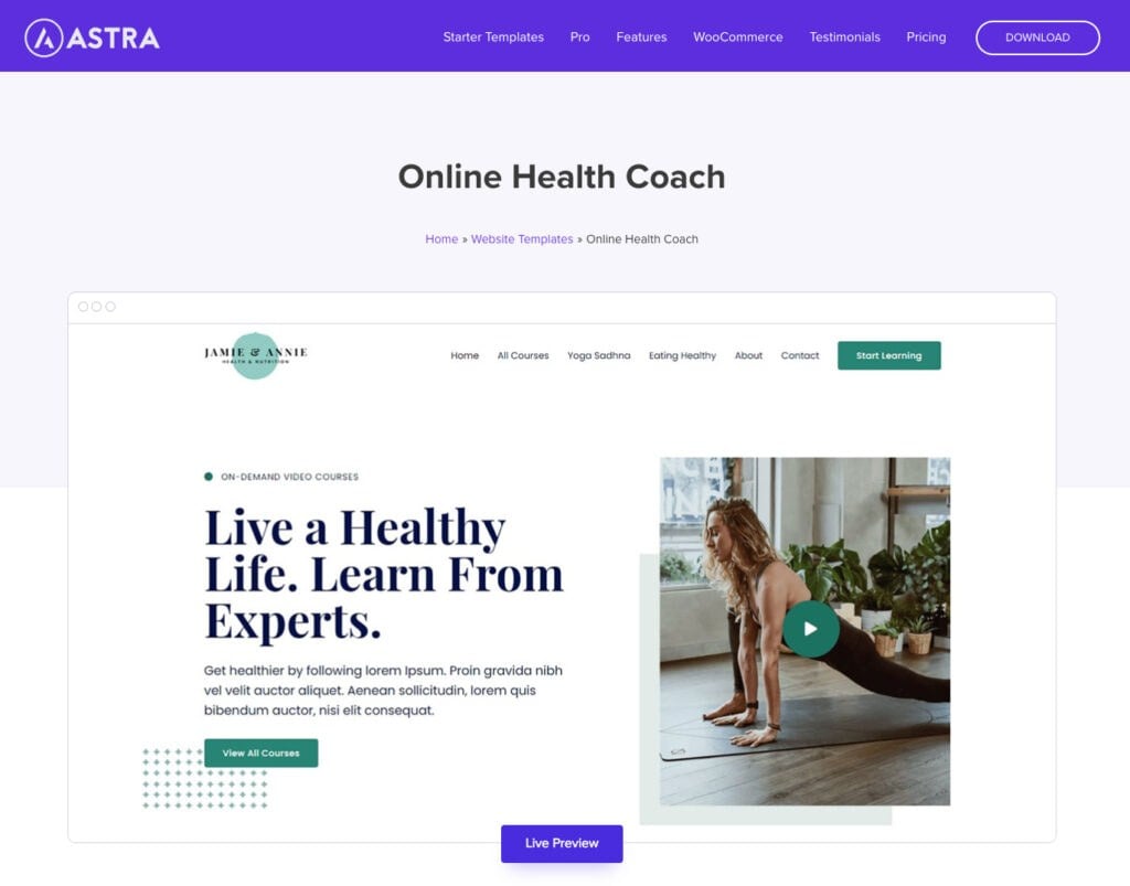 Astra online health coach WordPress coaching theme