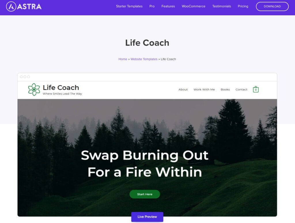 Astra life coach WordPress coaching theme screenshot
