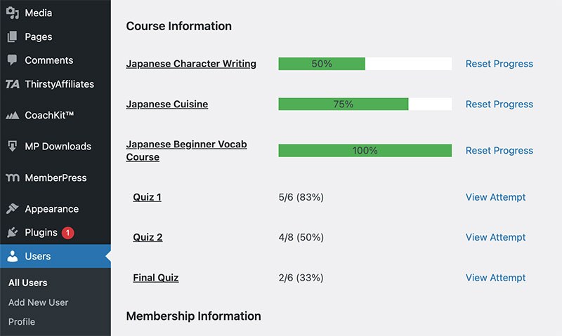 Student progress tracking for MemberPress Courses and quizzes on the WordPress Admin Dashboard.