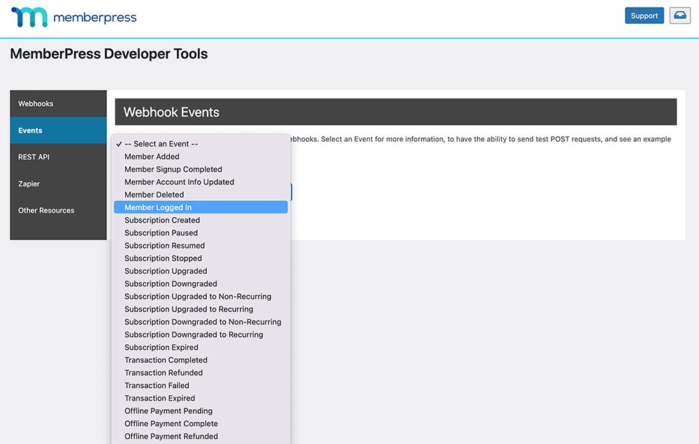 Webhook Events in the MemberPress Developer Tools.