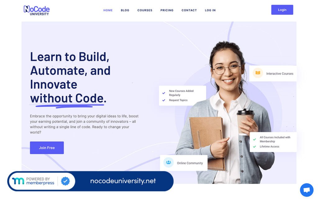NoCodeUniversity.net's homepage.