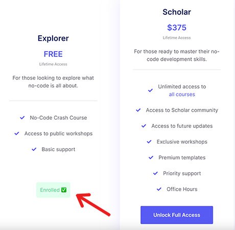 NoCodeUniversity.net shows students what program they are enrolled in on the pricing page based on what membership they have an active subscription to.