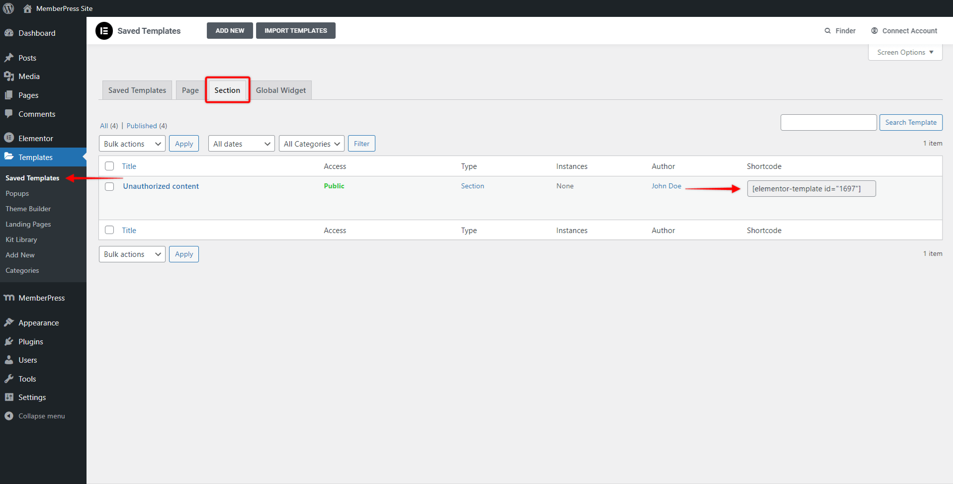 Elementor Pro - o shortcode do modelo de seção