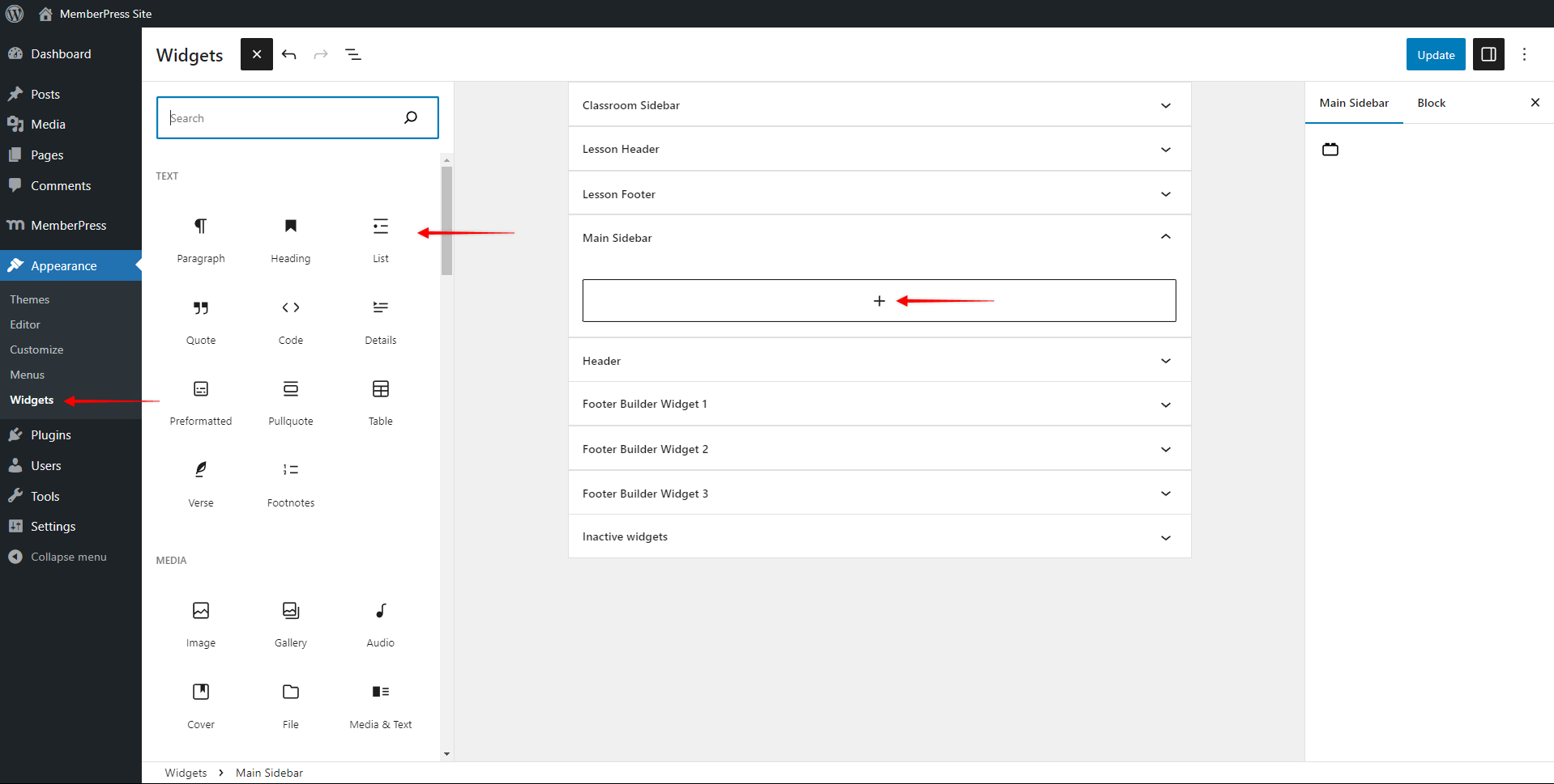 Zones de widgets