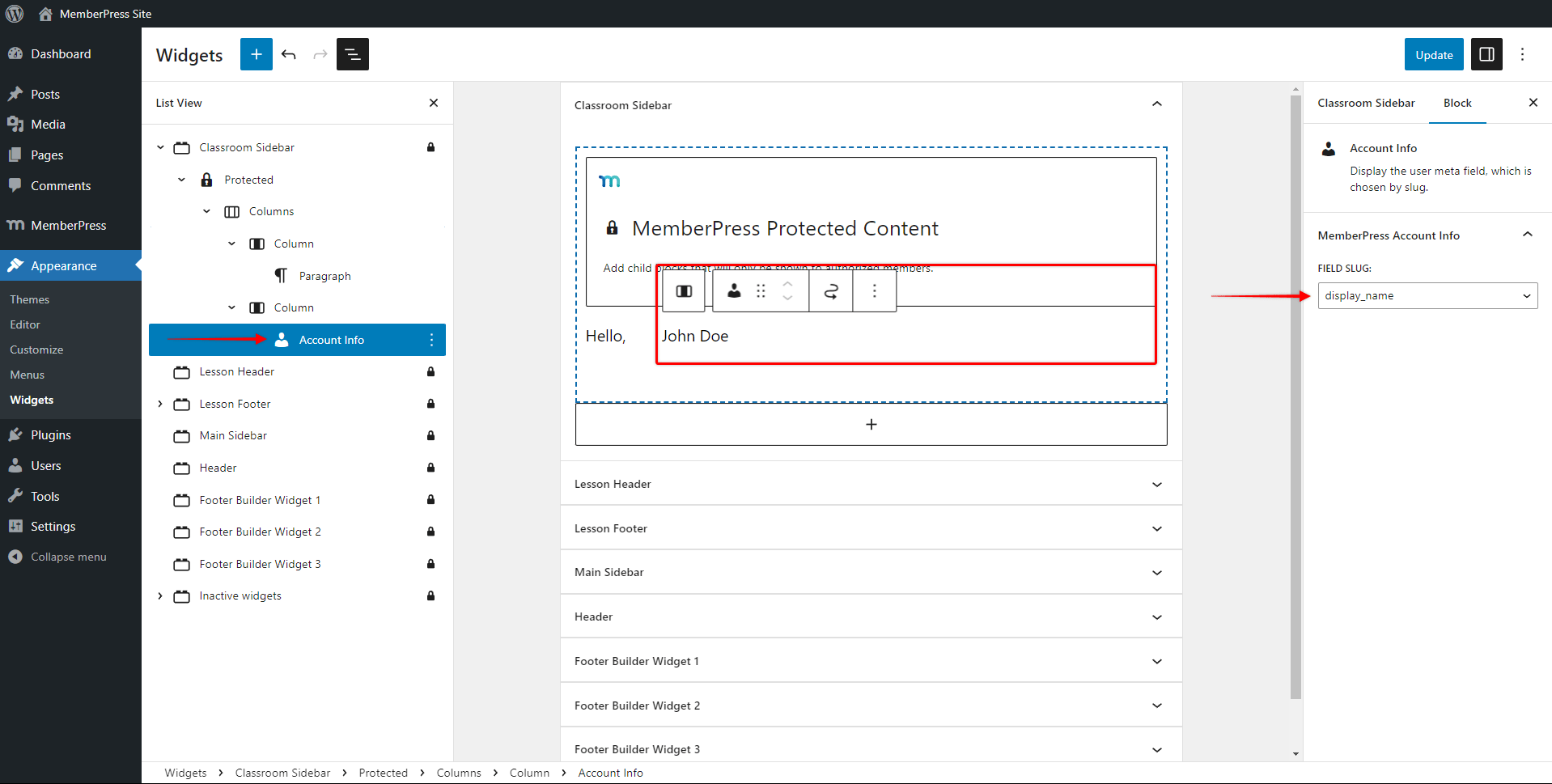 Bloco de informações da conta MemberPress