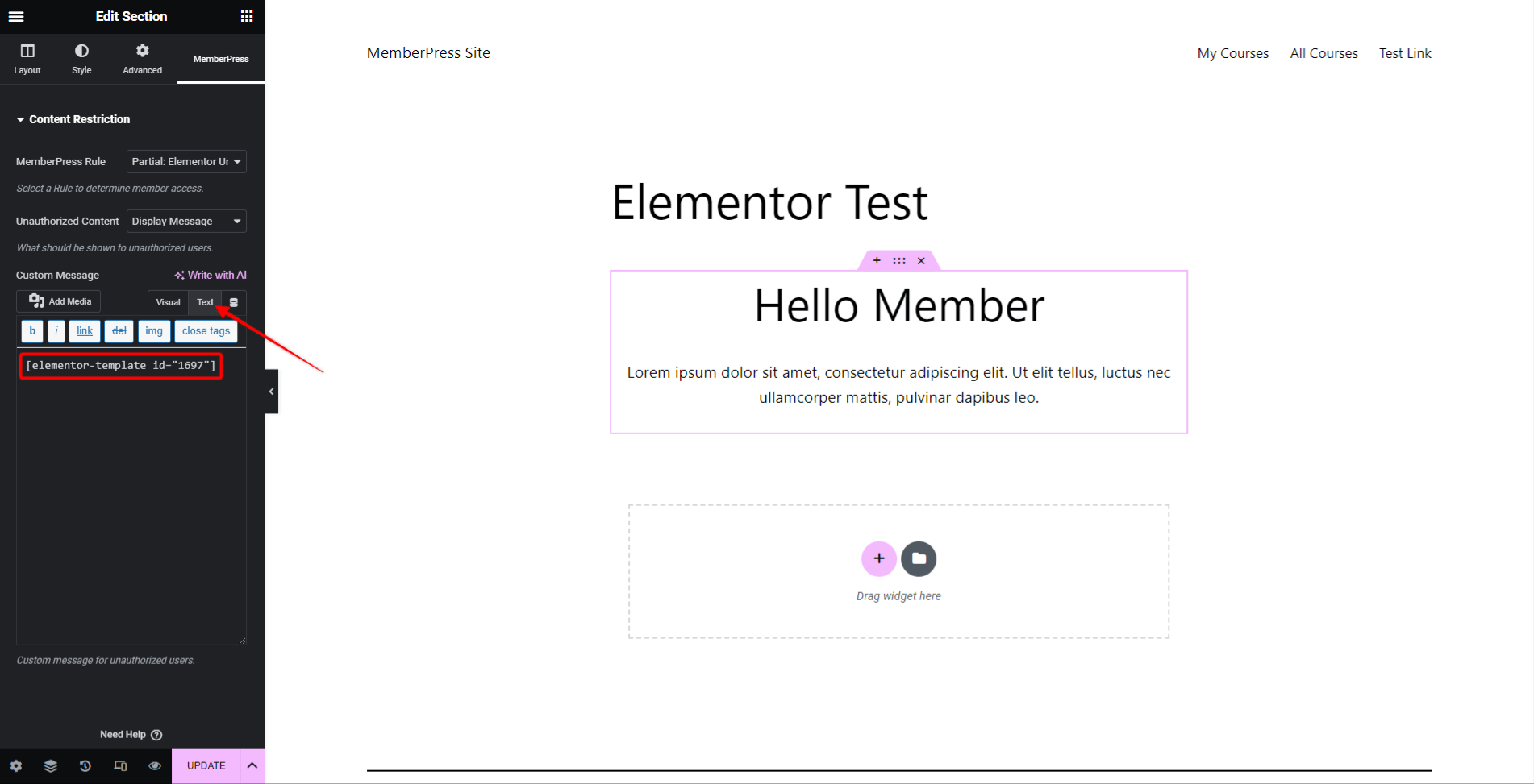 Añade el shortcode de la plantilla Elementor como Mostrar mensaje