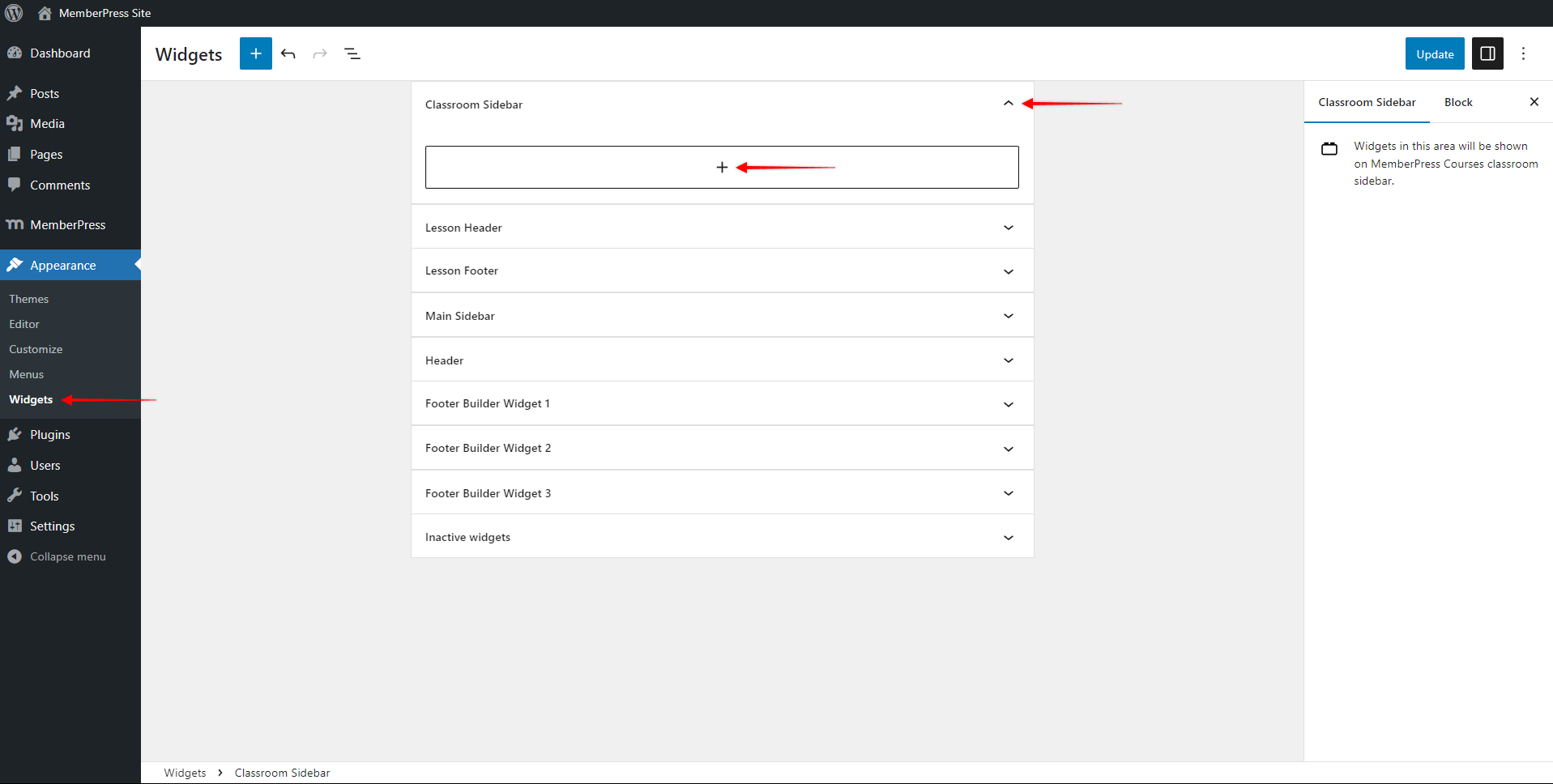 Zone de widgets de la barre latérale de la classe