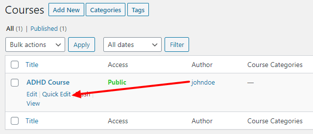 Option d'édition rapide dans les cours MemberPress