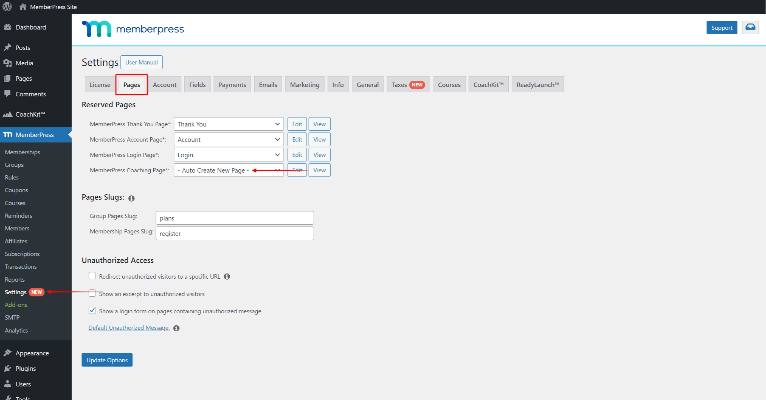 CoachKit™ - Page Settings