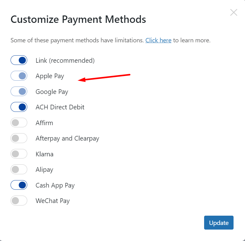 métodos de pagamento personalizados para serviços buy now pay later, como affirm e klarna, mostrados em uma captura de tela