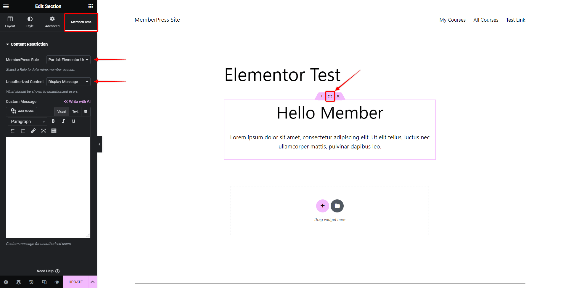 Apply MemberPress Rule to the Elmentor Section