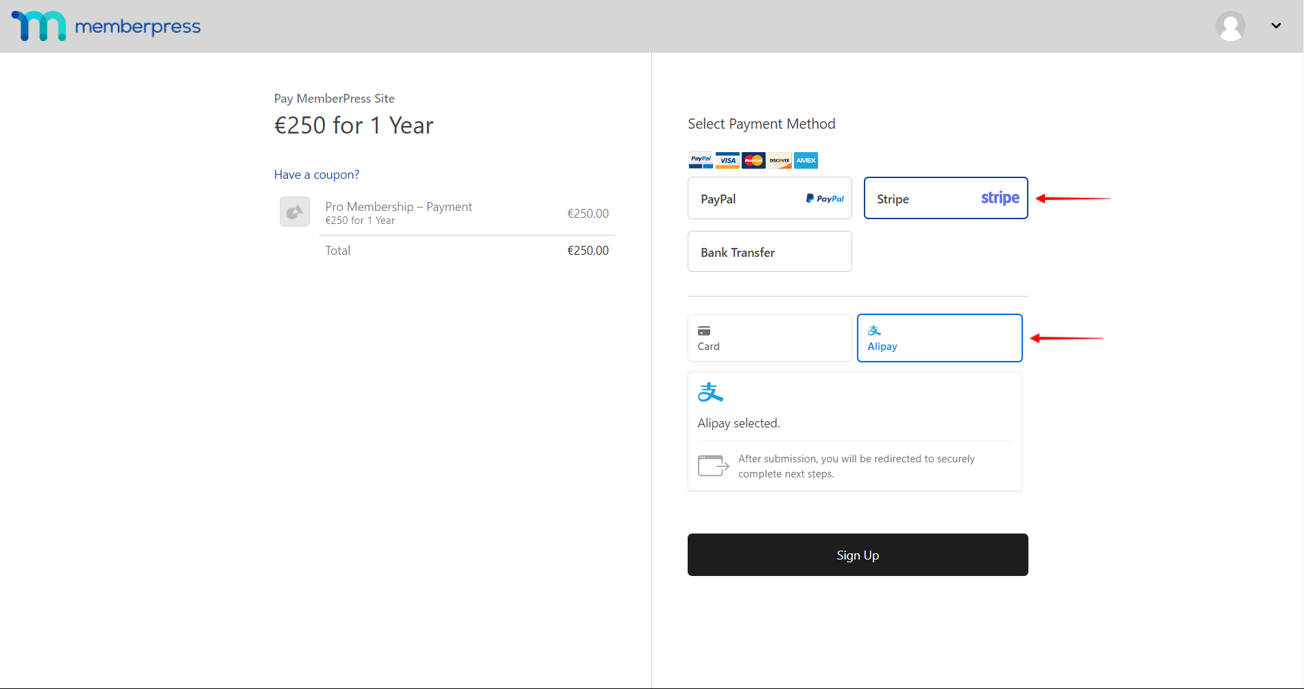 Bild | MemberPress Alipay on MemberPress Registration Form