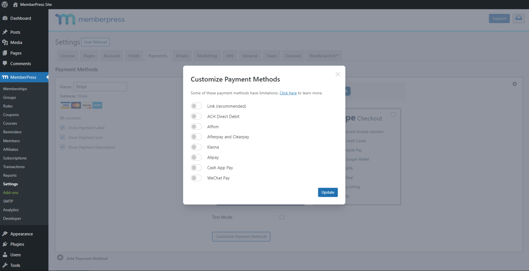 How To Enable Payment Methods With Stripe and MemberPress?