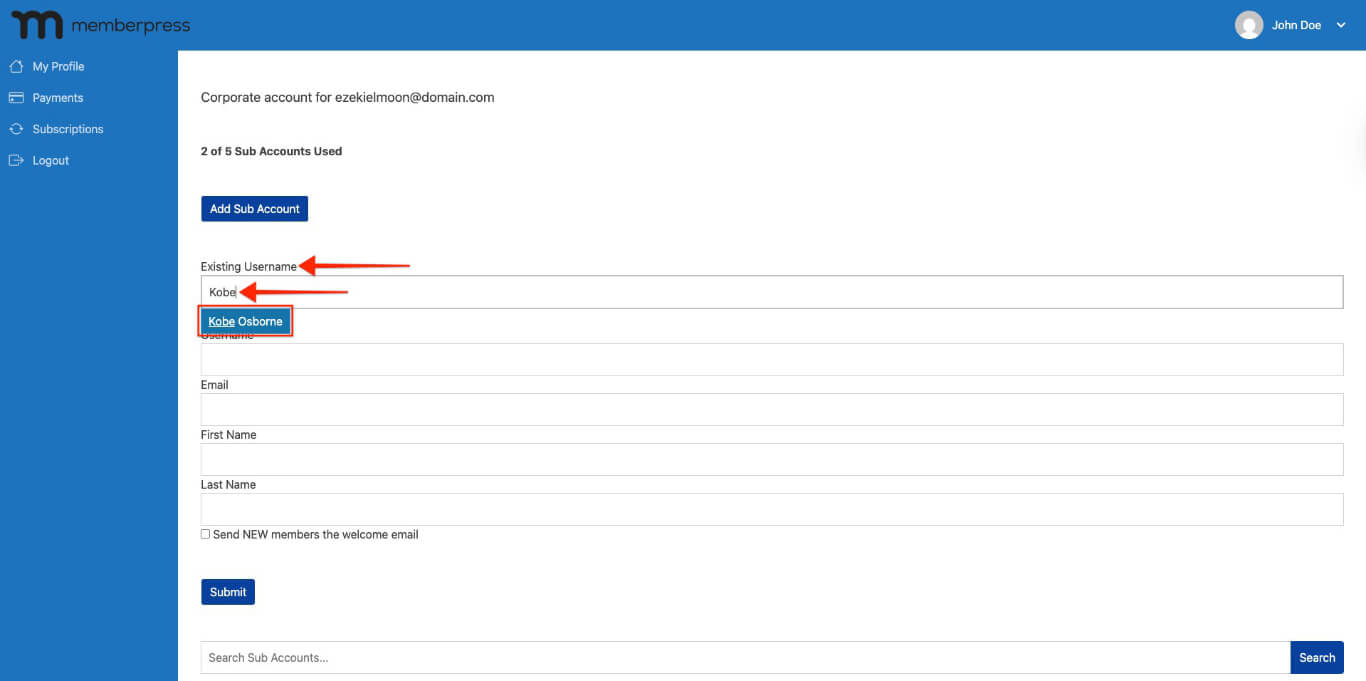 search for existing user