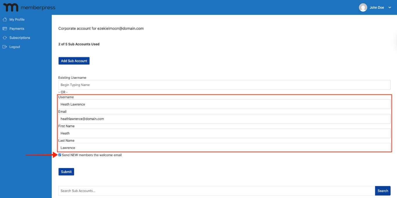 add new user and check email box
