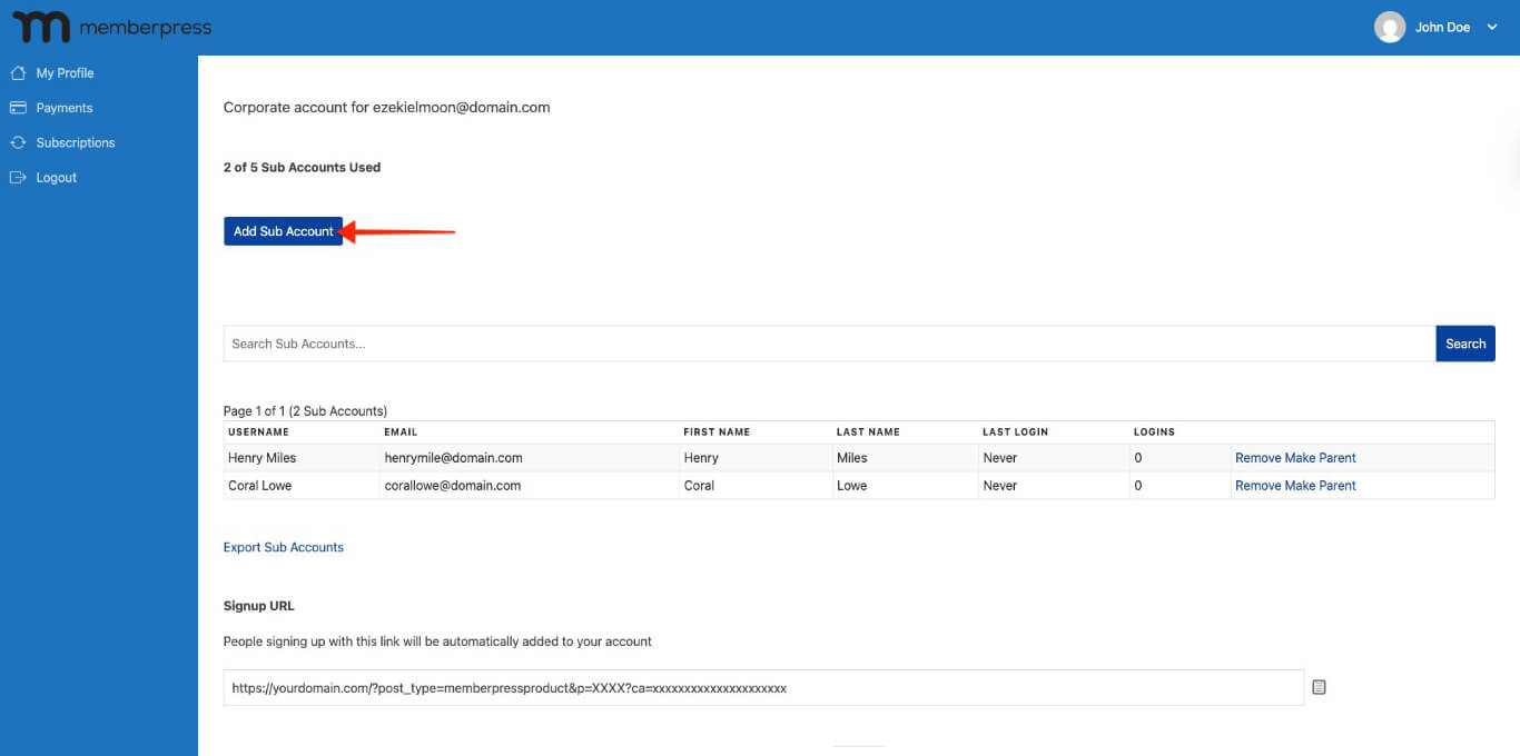 add sub account button