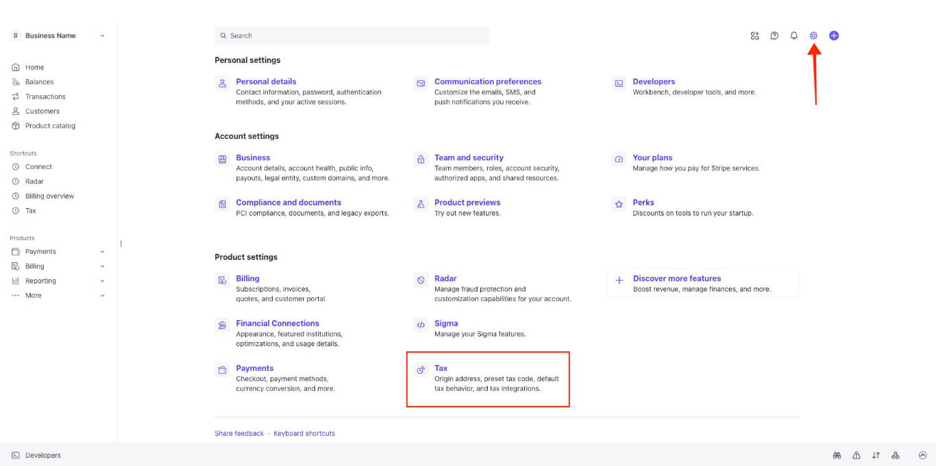 Steuereinstellungen in Stripe