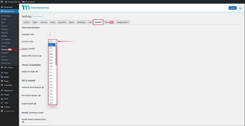 Ajouter le code devise à MemberPress