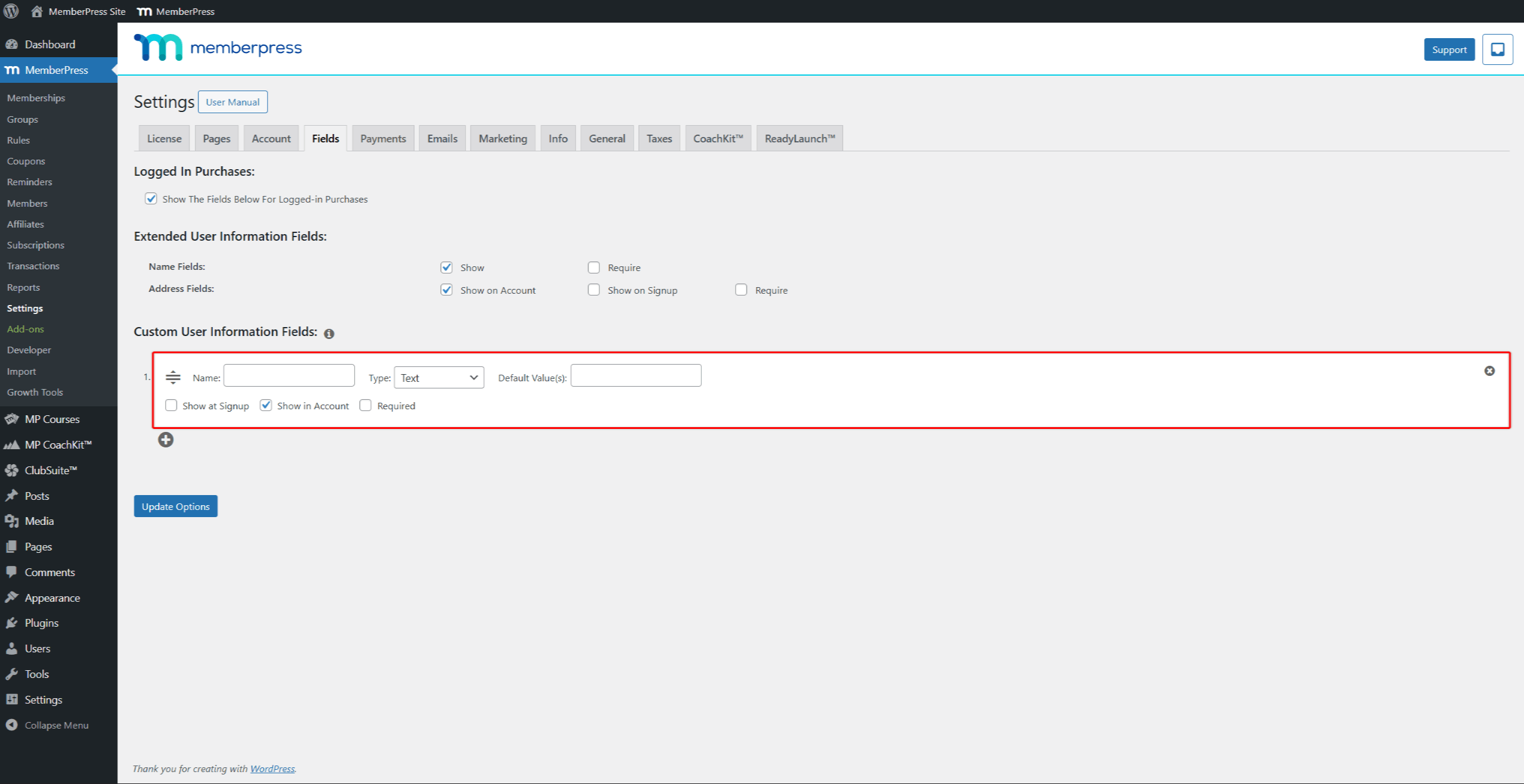 MemberPress Benutzerdefinierte Feldeinstellungen