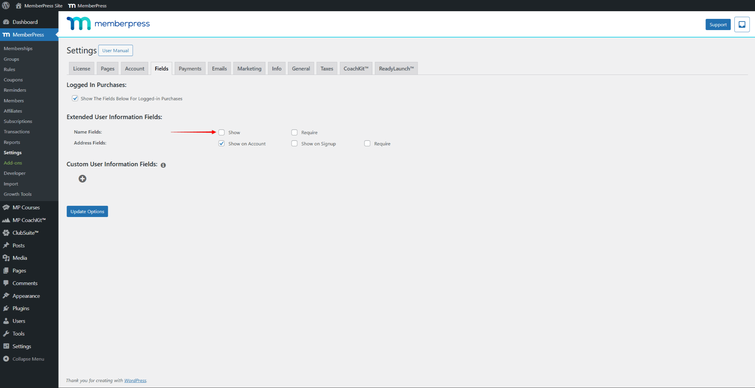 Show or hide MemberPress Name Fields