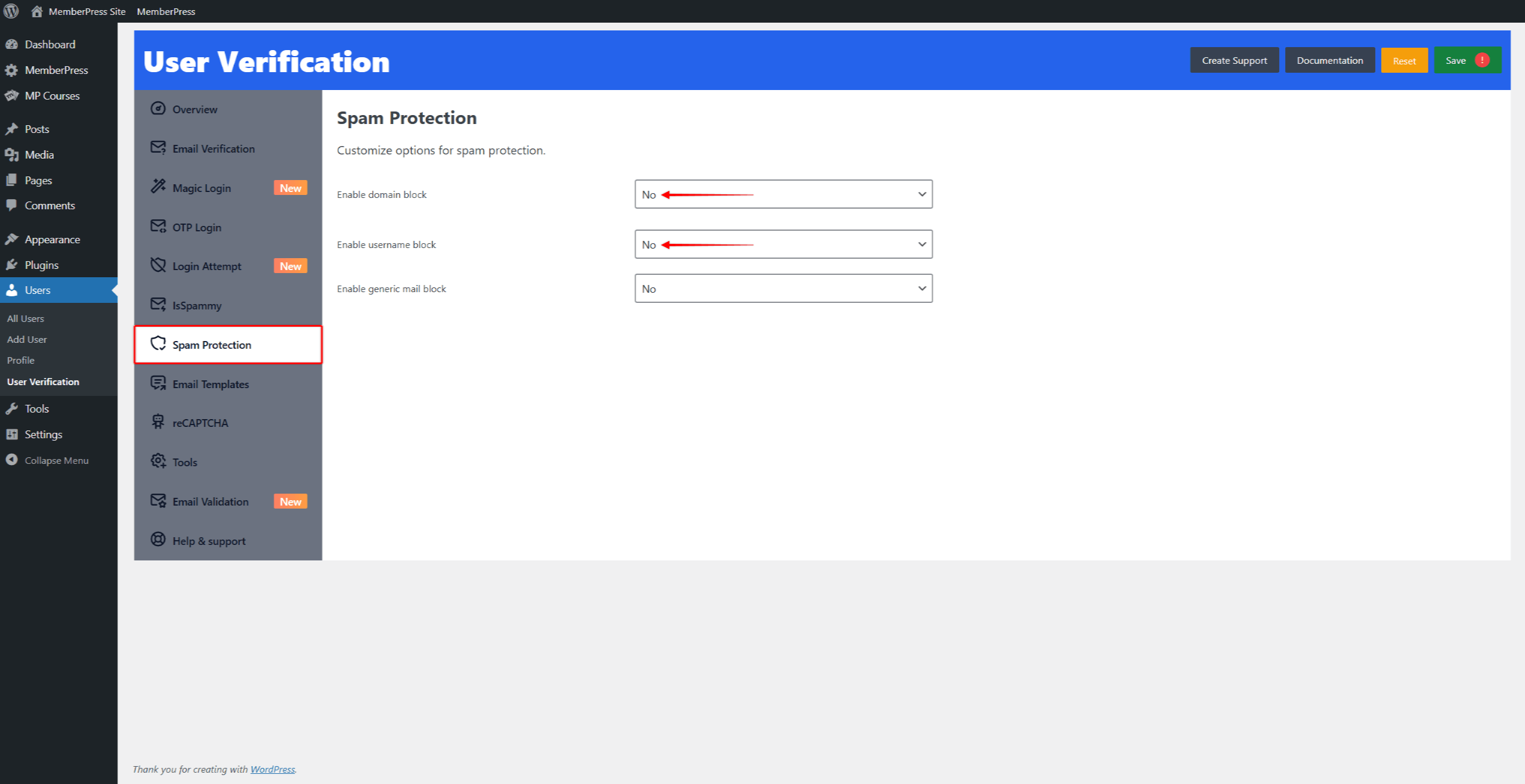 mepr-user-verification-spam-settings | MemberPress
