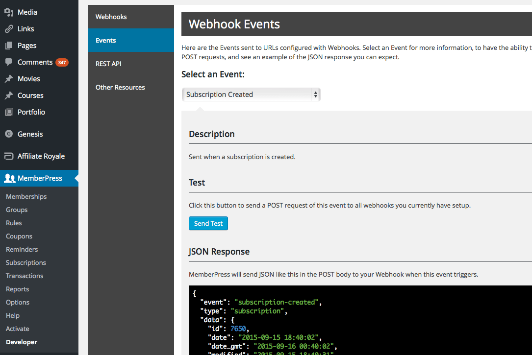 MemberPress Developer Tools Subscription Created Webhook Event.