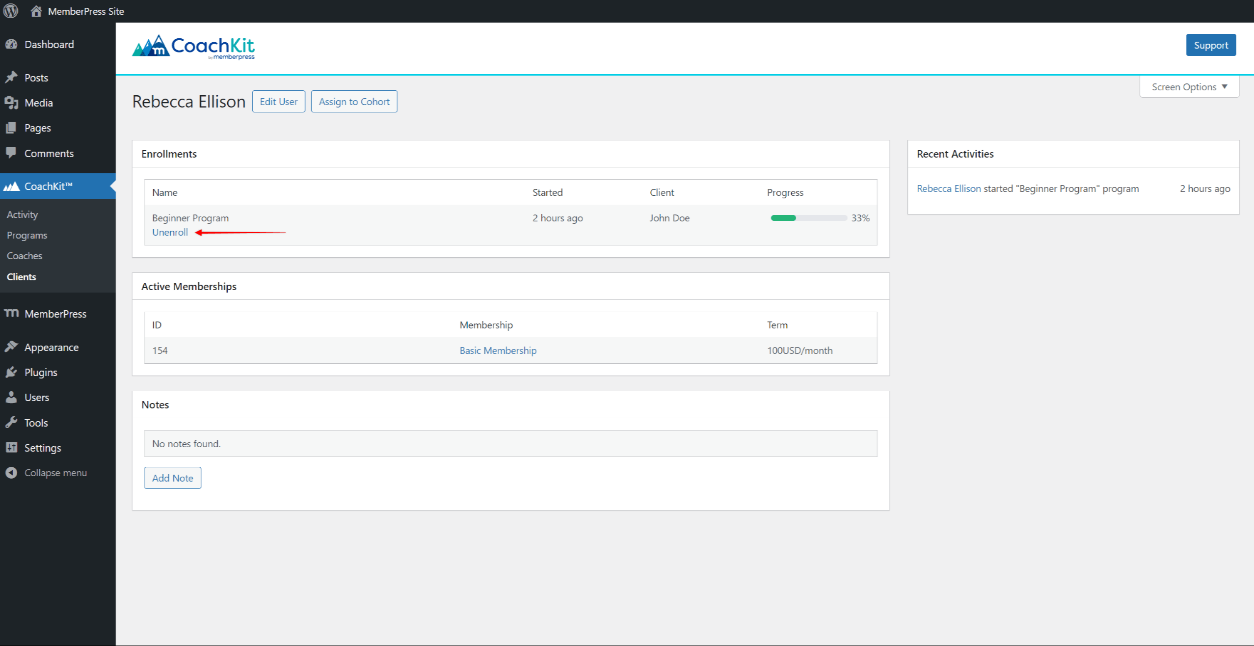 CoachKit backend - Unenroll Client