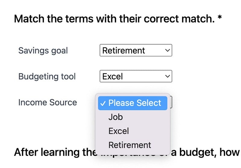 Match Matrix question type example about personal finance.