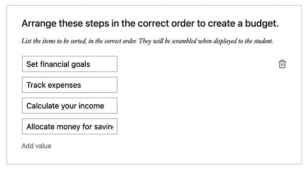 Sort the values question type being built on the quiz builder.