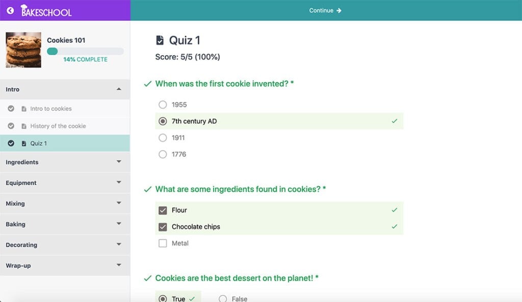 Sample MemberPress course quiz on a sample website called Bake School.