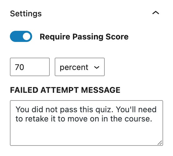Required Passing Score settings in the MemberPress Course Quiz Builder.