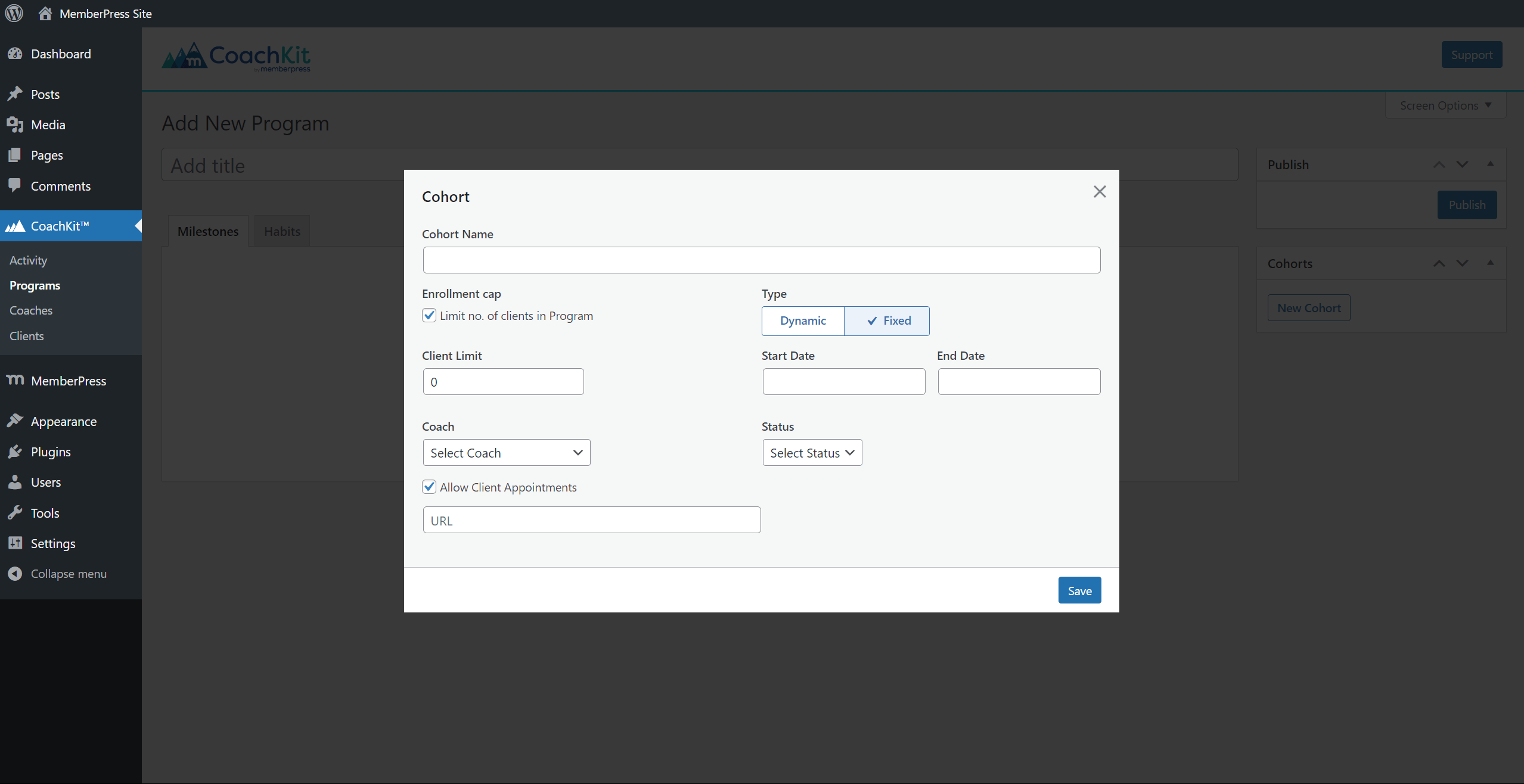 CoachKit, Programme - Kohorteneinstellungen