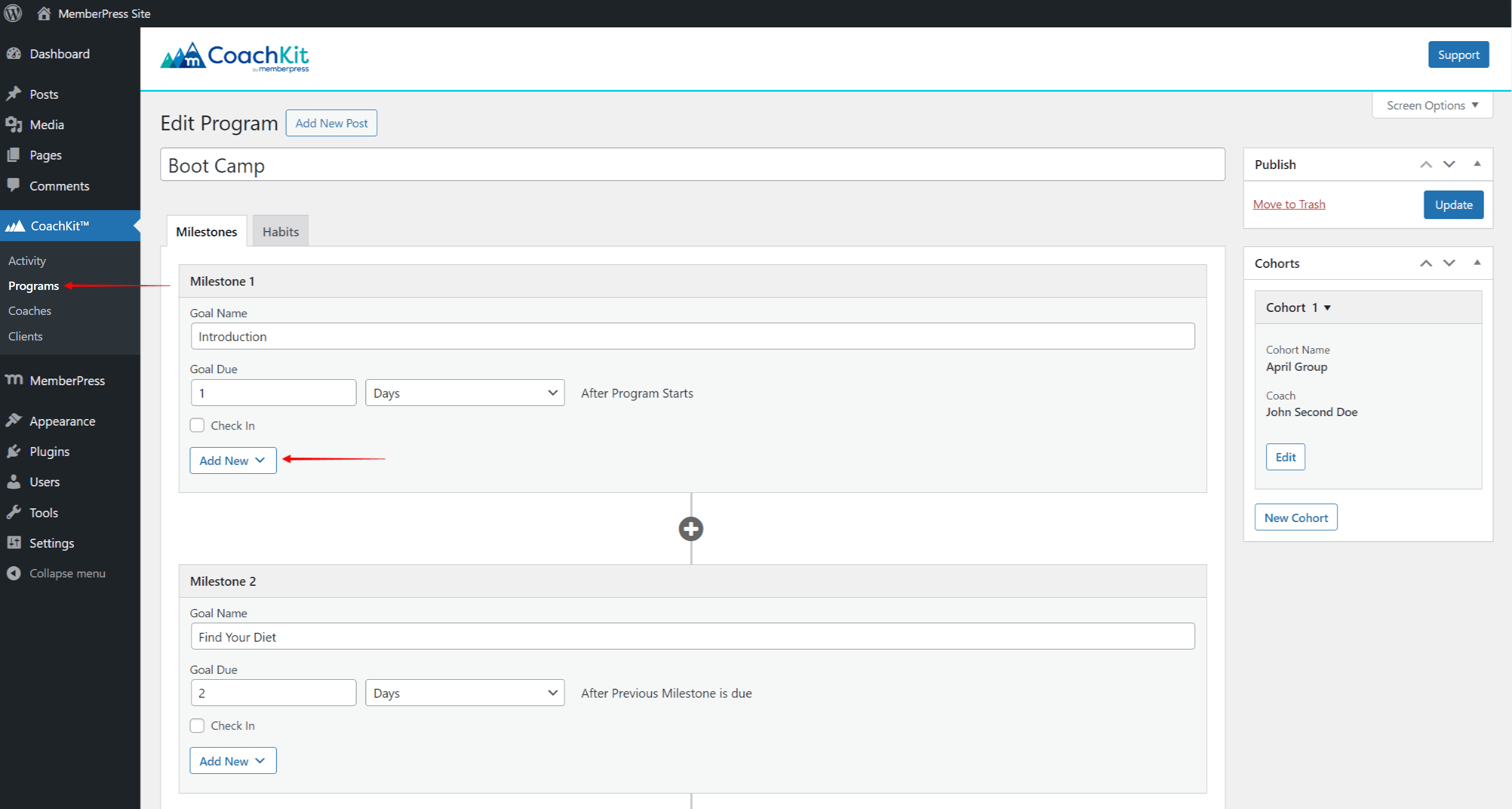 Hinzufügen von Dokumenten und Kursen zu CoachKit-Programmen